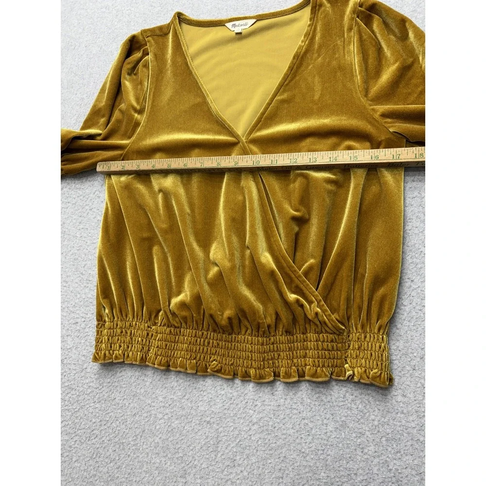 Madewell Blouse Womens Small Gold Velvet Wrap V Neck Top Puff Sleeve Smocked Hem